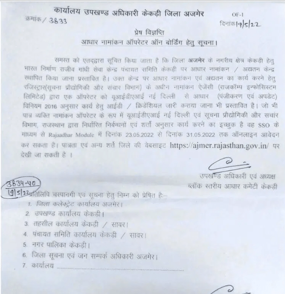 Aadhar Centre official notification of Rajasthan
