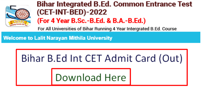 B.Ed. CET 4 years Integrated Admit Card 2022