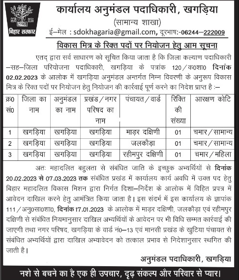 Bihar District/ Ward Level Latest Vacancy 2023