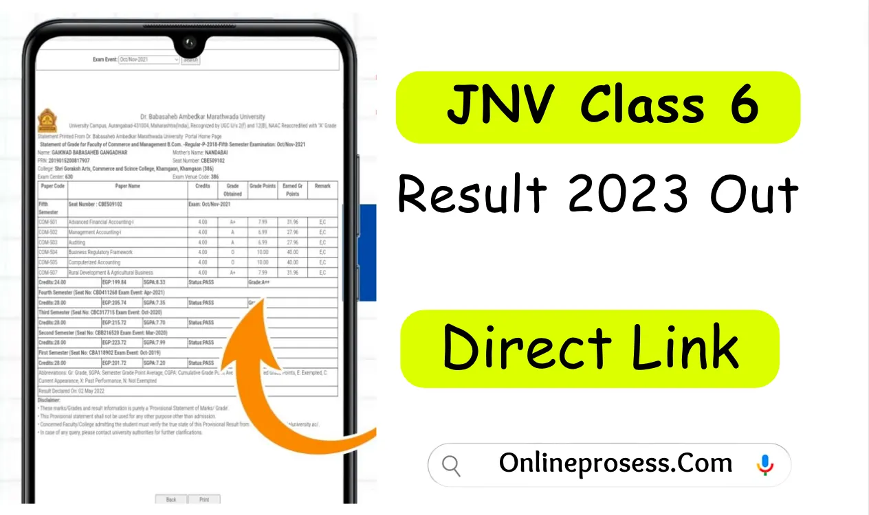 JNV Class 6 Result 2023