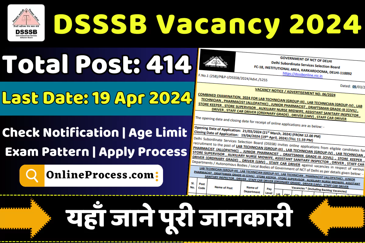 DSSSB New Vacancy 2024 (Advt. 06/2024) Notification Out for 414 Various Post