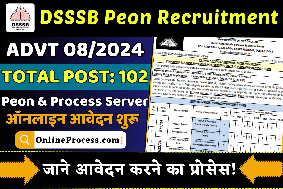 DSSSB Peon Recruitment 2024 (Advt 08/2024) – DSSSB ने निकाली चपरासी सहित प्रोसेस सर्वर की नई भर्ती