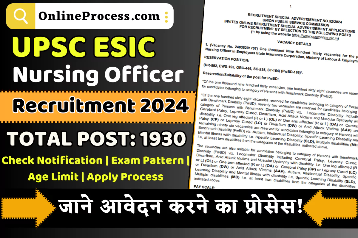 UPSC ESIC Nursing Officer Recruitment 2024: Notification Out for 1930 Vacancies